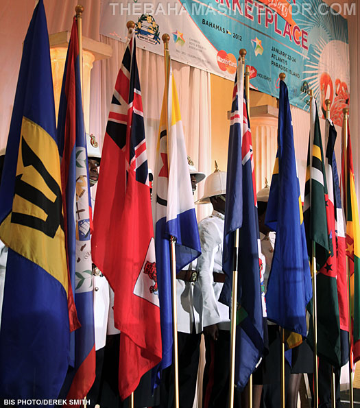 stage is set with the flags of the Caribbean nations