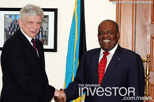 Dr Peter Manz, Ambassador of Austria, is welcomed by Prime Minister Hubert Ingraham