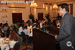 Suhas Gopinath addresses the Junior Achievement Bahamas First Private Sector Lunch and Lecture