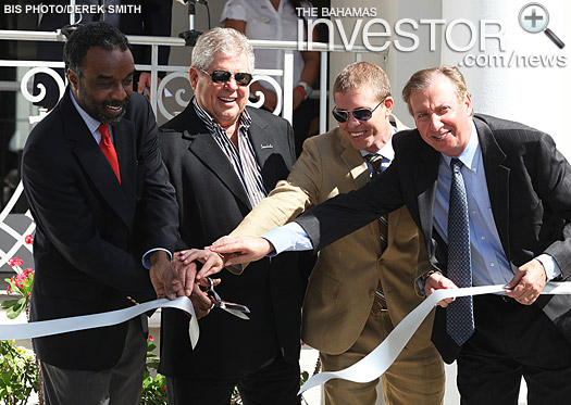 Pictured left to right: Minister of Tourism & Aviation Vincent Vanderpool-Wallace; Sandals chairman Gordon 'Butch' Stewart; chief executive officer, Adam Stewart; and executive vice-president of the Bahamas Hotel Association (BHA) Frank Comito. (BIS Photo/Derek Smith)