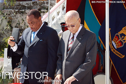 Perry Christie reads the Oath of Office as he is sworn in as Prime Minister of the Commonwealth of The Bahamas