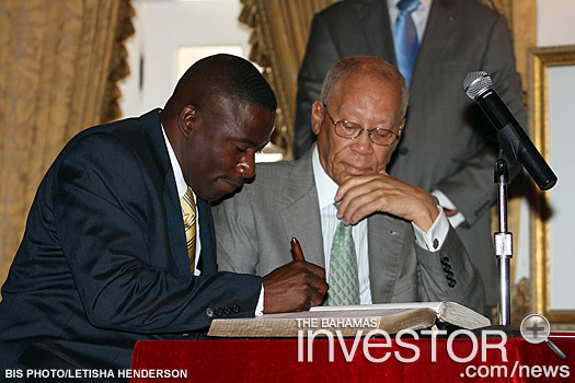 Renward Wells sworn in as Parliamentary Secretary in the Ministry of Works and Urban Development during an appointment Ceremony of Parliamentary Secretaries at Government House May 14.